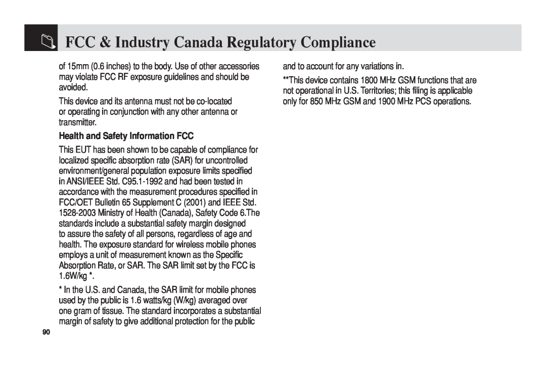 Pantech 5U010344000REV00 manual FCC & Industry Canada Regulatory Compliance, Health and Safety Information FCC 
