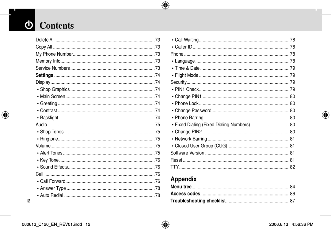 Pantech C120 manual Appendix, Contents 