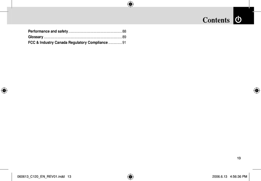 Pantech C120 Contents, Performance and safety, Glossary, FCC & Industry Canada Regulatory Compliance, 2006.6.13 45636 PM 