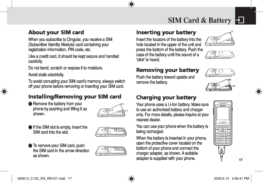 Pantech C120 manual SIM Card & Battery, About your SIM card, Installing/Removing your SIM card, Inserting your battery 