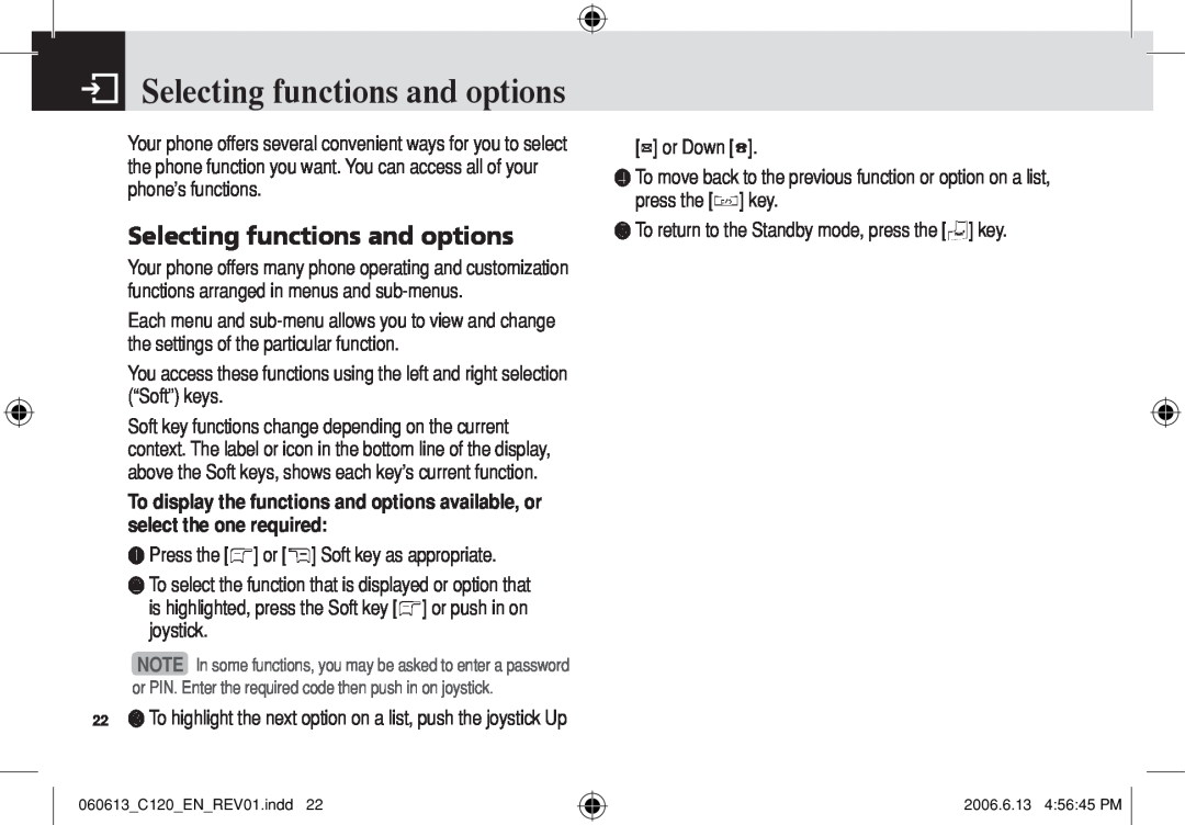 Pantech C120 manual Selecting functions and options 