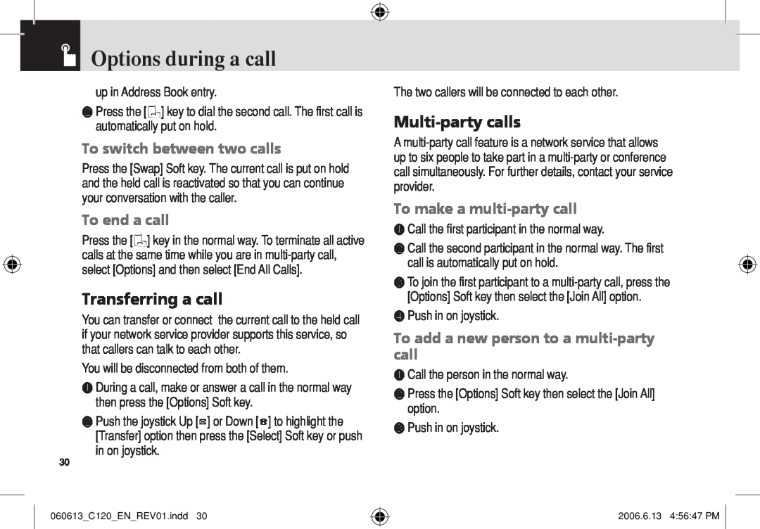 Pantech C120 Transferring a call, Multi‐party calls, To switch between two calls, To end a call, Options during a call 