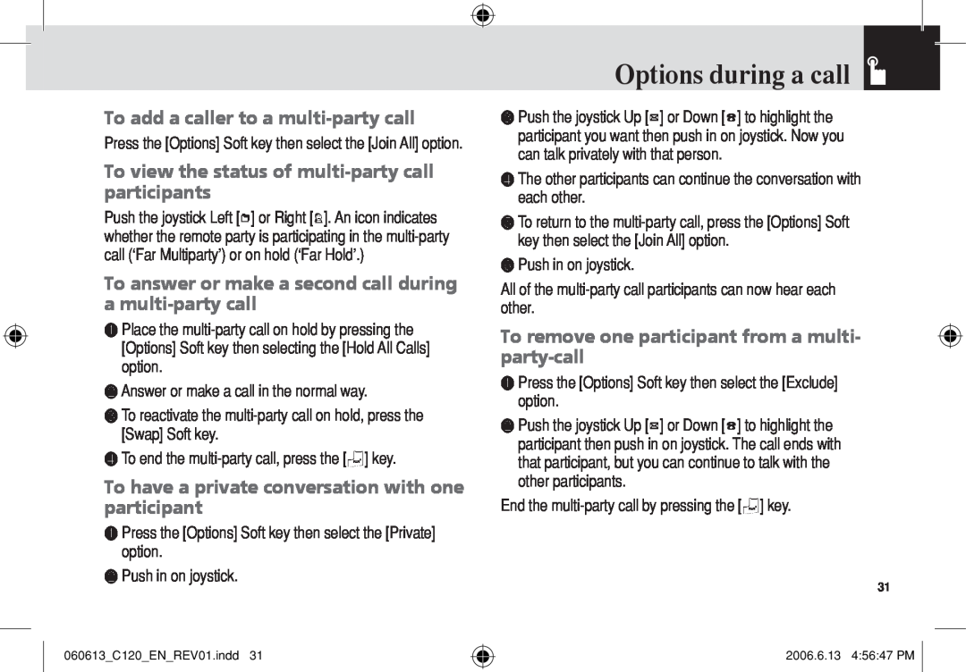 Pantech C120 manual To add a caller to a multi‐party call, To view the status of multi‐party call participants 