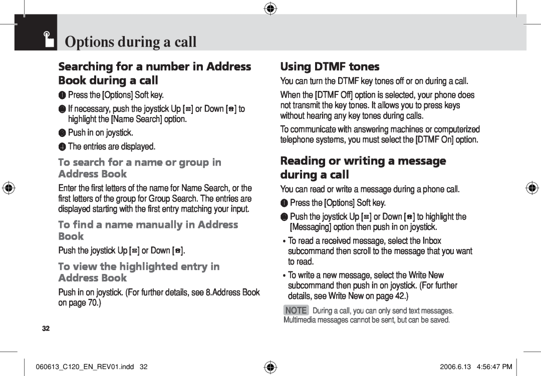 Pantech C120 manual Searching for a number in Address Book during a call, Using DTMF tones, Options during a call 