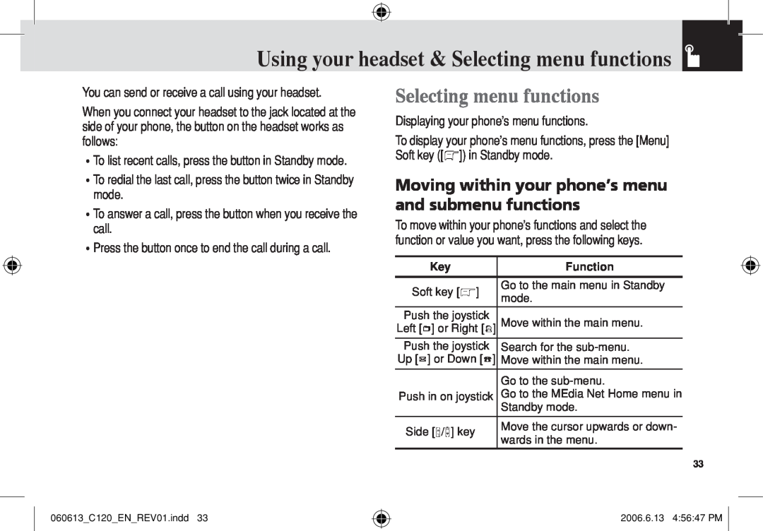 Pantech C120 manual Using your headset & Selecting menu functions, Moving within your phone’s menu and submenu functions 
