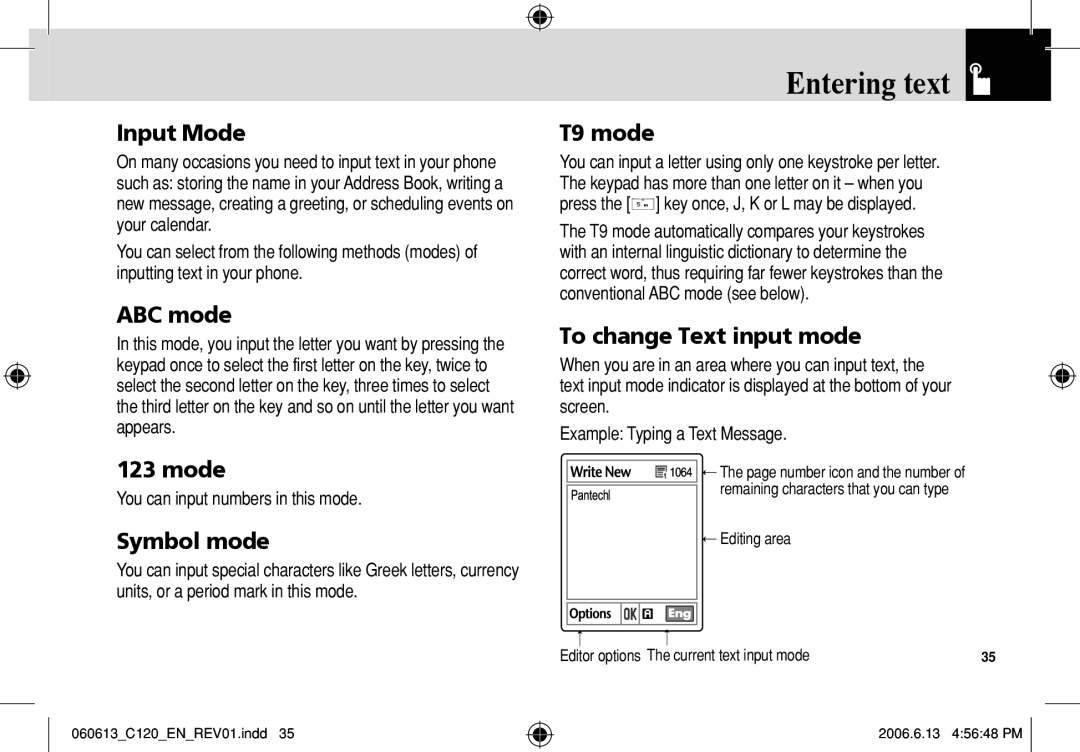Pantech C120 manual Entering text, Input Mode, ABC mode, Symbol mode, T9 mode, To change Text input mode 