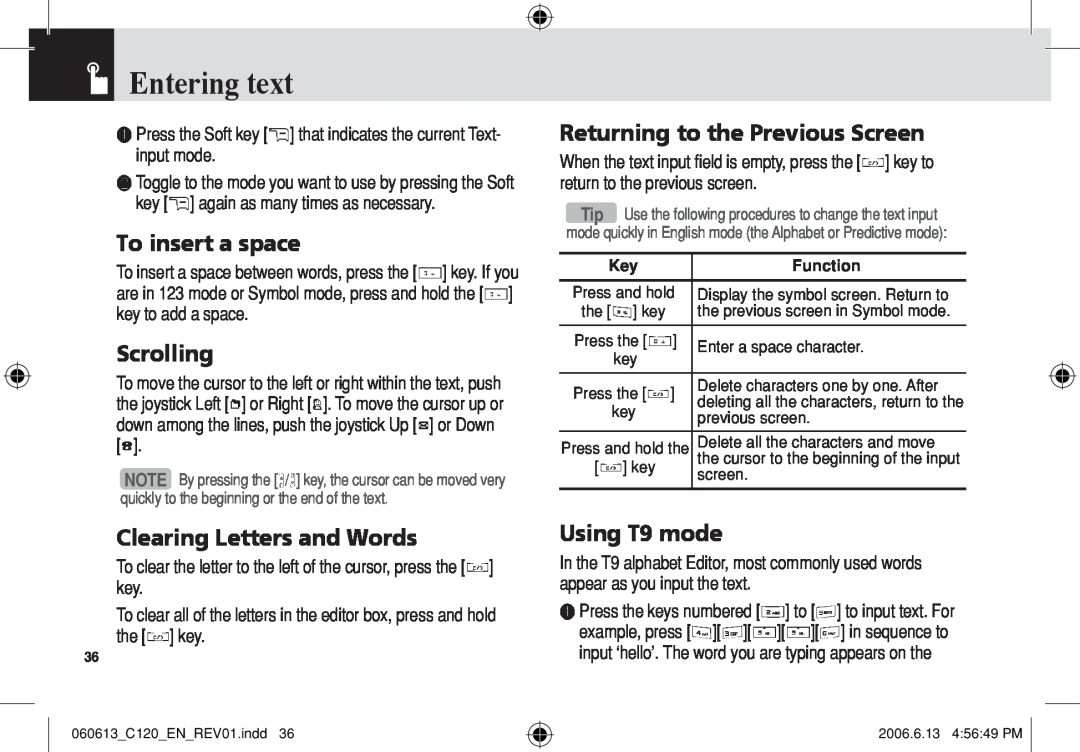 Pantech C120 To insert a space, Scrolling, Clearing Letters and Words, Returning to the Previous Screen, Using T9 mode 