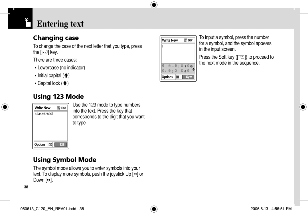 Pantech C120 manual Changing case, Using 123 Mode, Using Symbol Mode, Entering text 