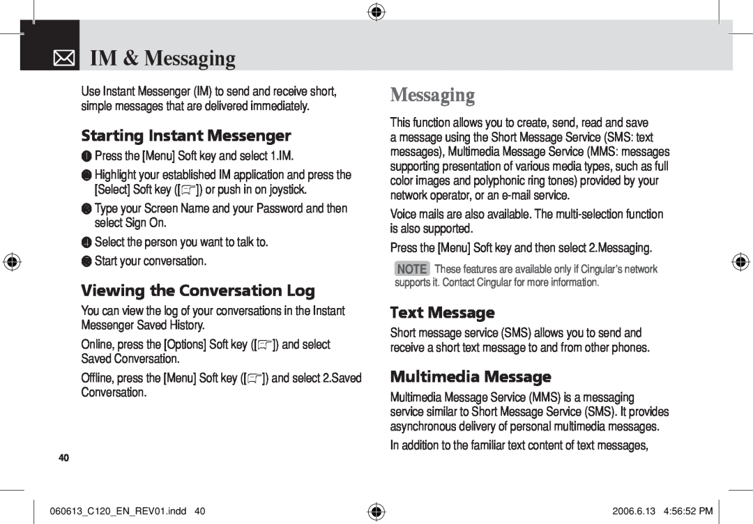 Pantech C120 IM & Messaging, Starting Instant Messenger, Viewing the Conversation Log, Text Message, Multimedia Message 