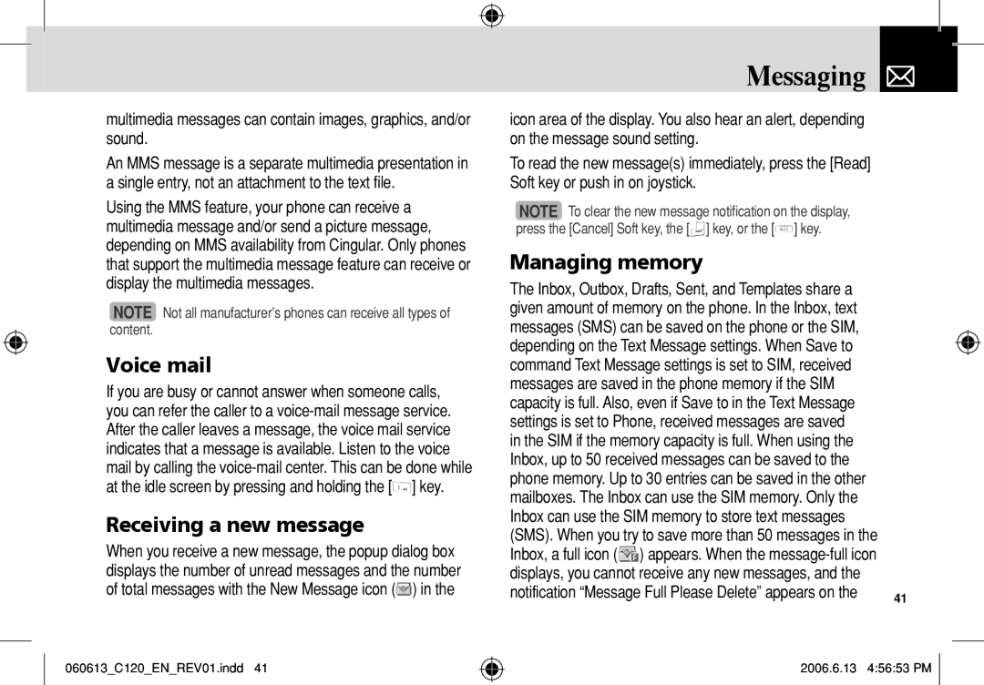 Pantech C120 manual Messaging, Voice mail, Receiving a new message, Managing memory 