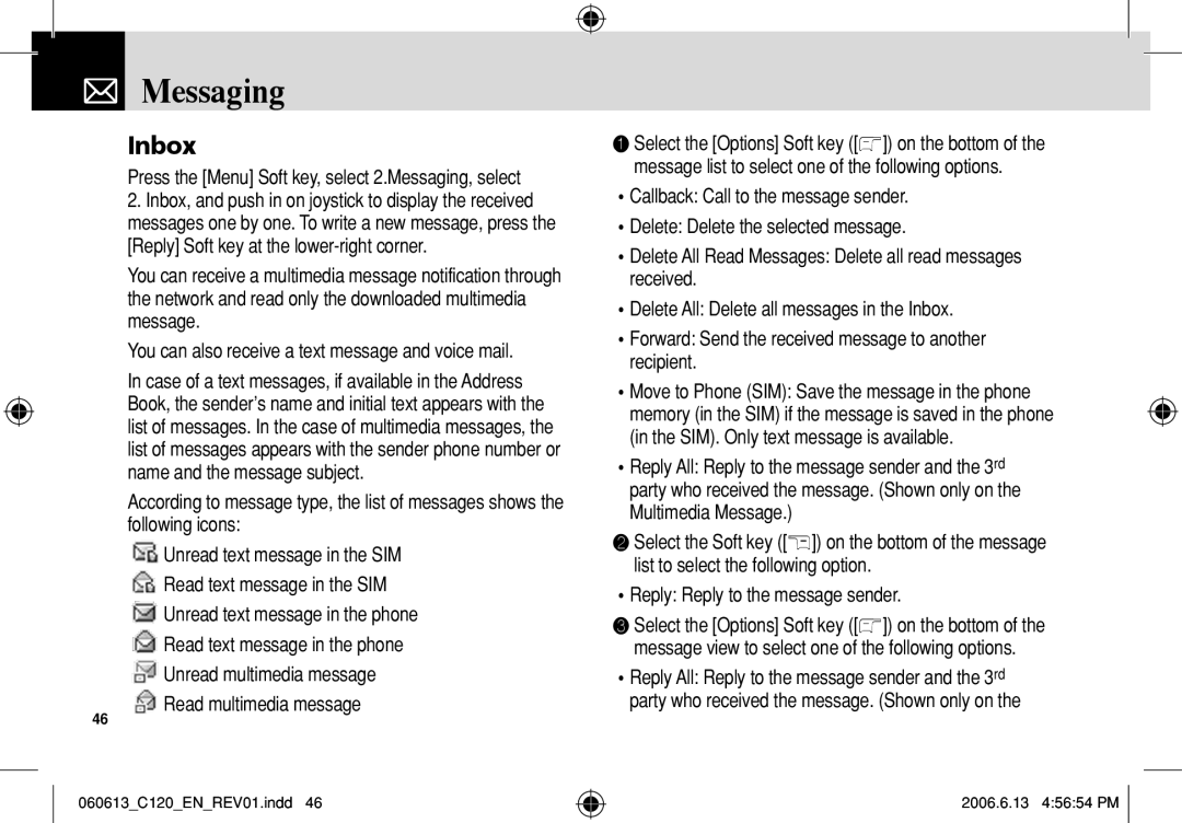 Pantech C120 manual Inbox, Messaging 