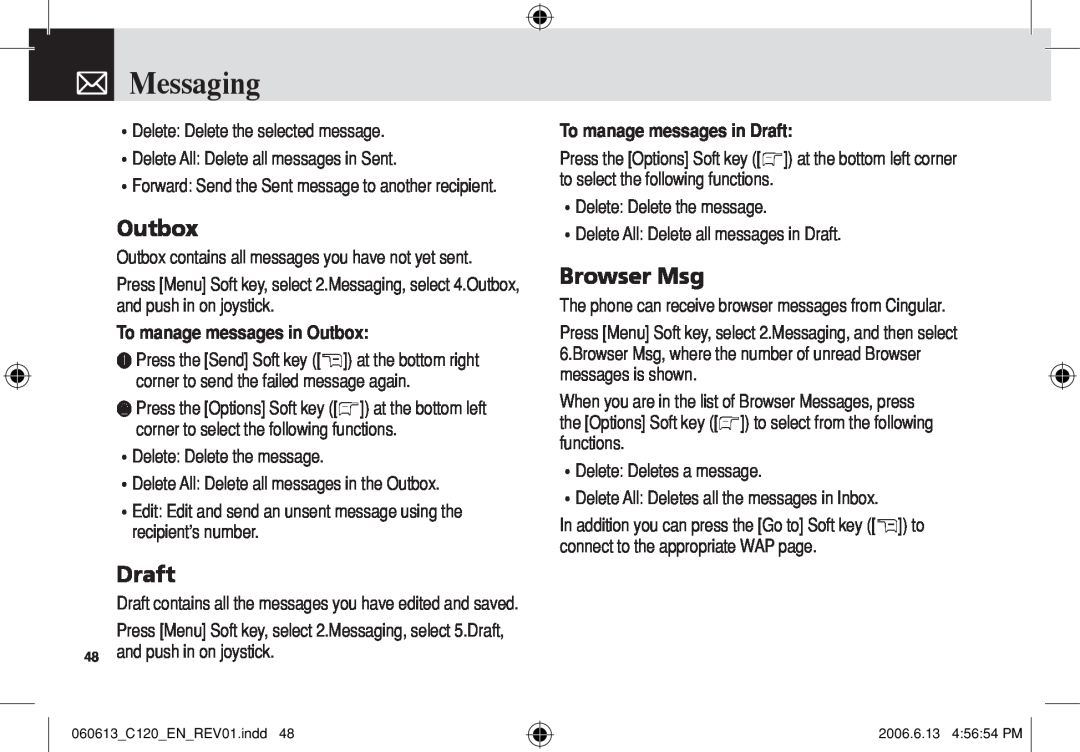 Pantech C120 manual Browser Msg, To manage messages in Outbox, To manage messages in Draft, Messaging 