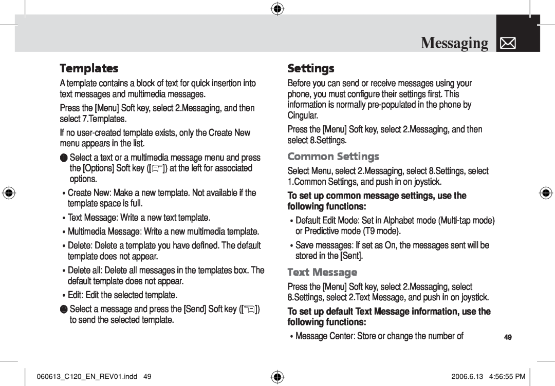 Pantech C120 manual Templates, Common Settings, following functions, Messaging, Text Message 