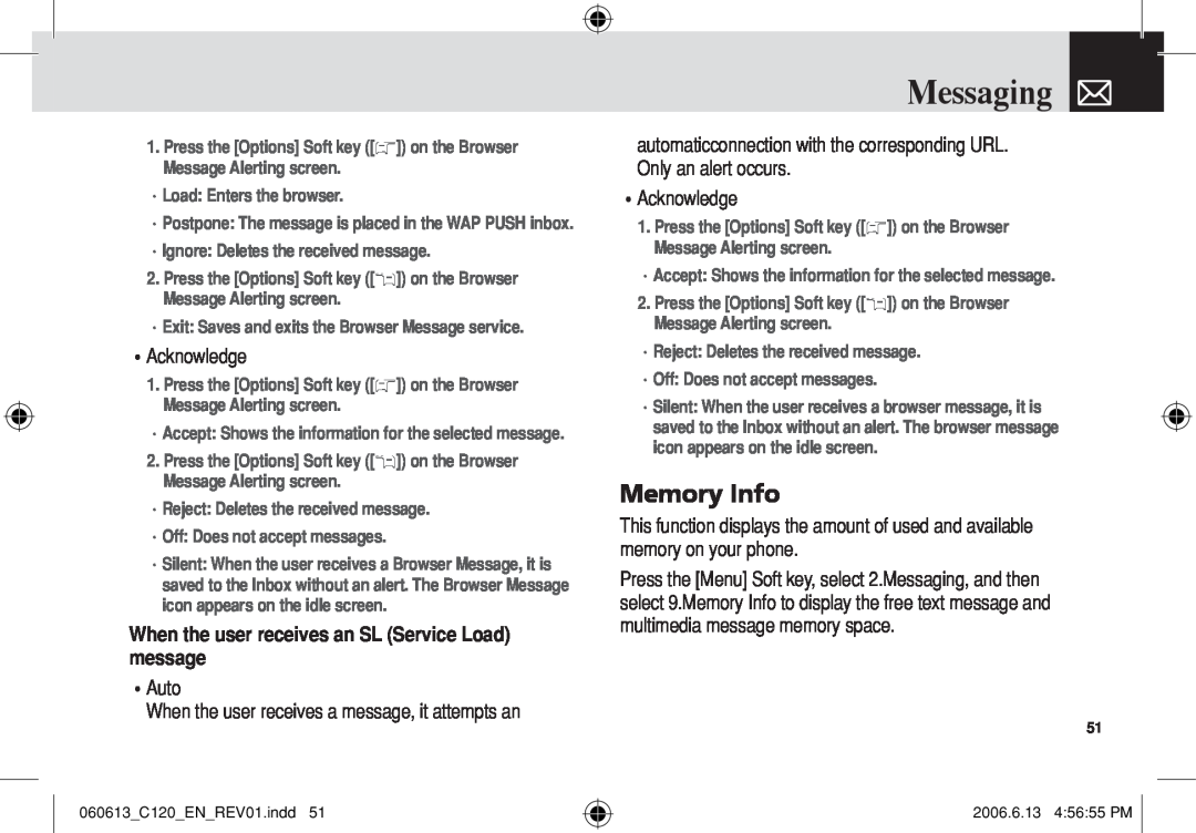 Pantech C120 manual Memory Info, When the user receives an SL Service Load message, Messaging 