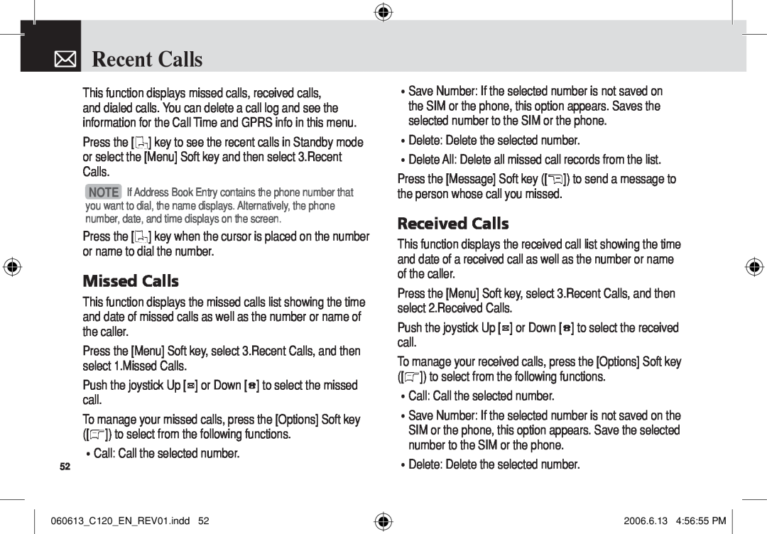 Pantech C120 manual Recent Calls, Missed Calls, Received Calls 