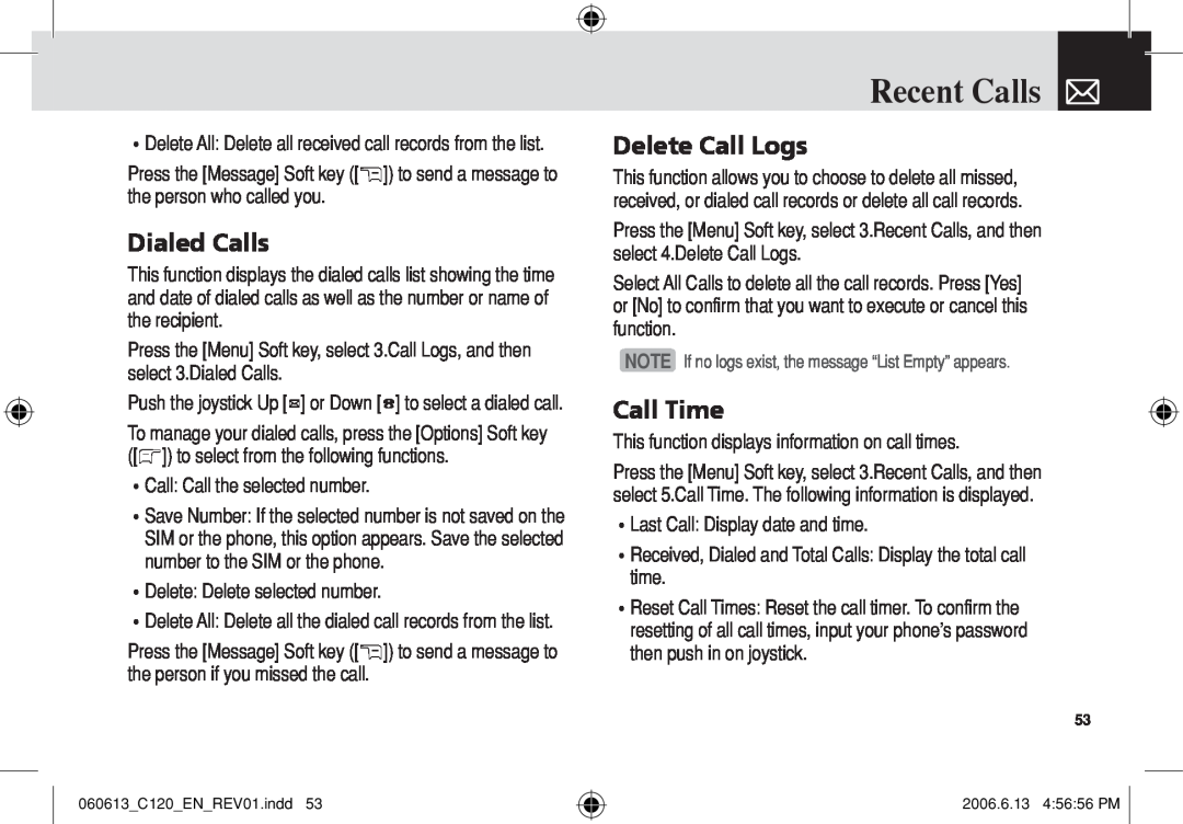 Pantech C120 manual Dialed Calls, Delete Call Logs, Call Time, Recent Calls 