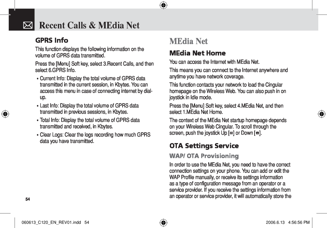 Pantech C120 manual Recent Calls & MEdia Net, GPRS Info, MEdia Net Home, OTA Settings Service, WAP/ OTA Provisioning 