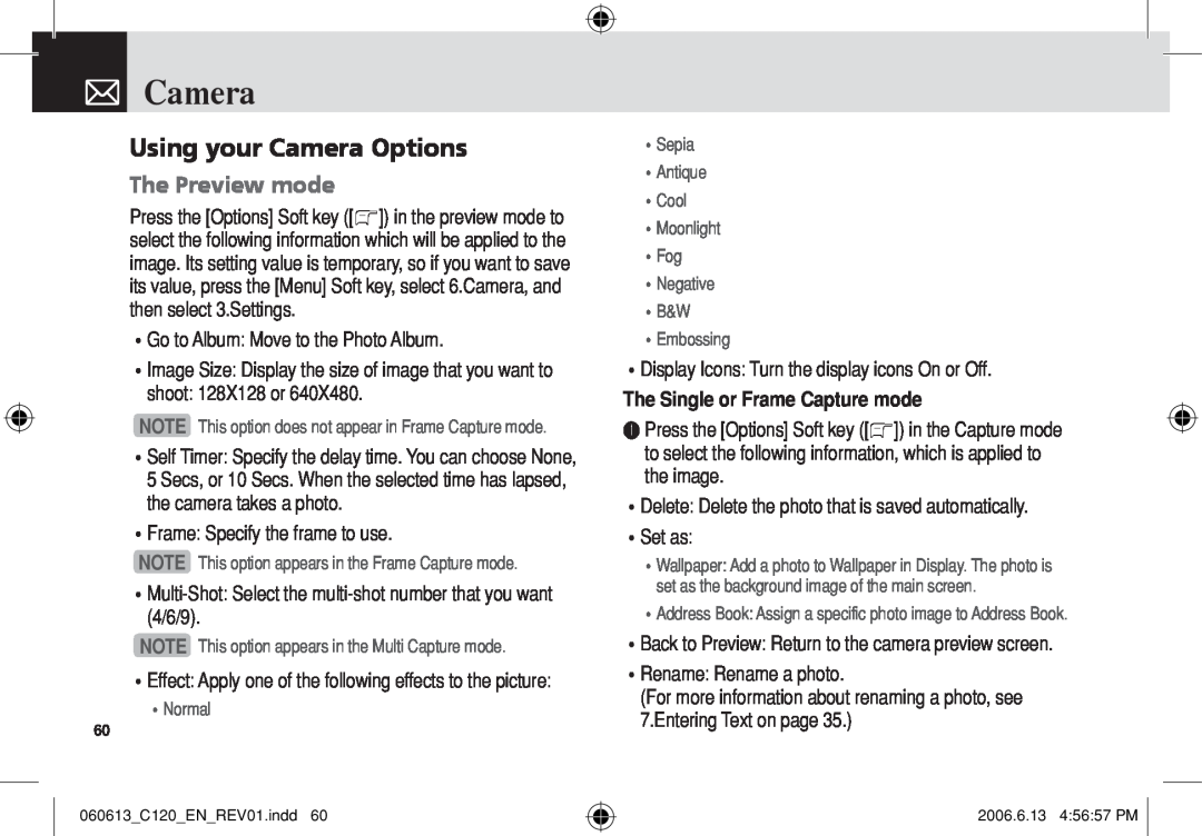 Pantech C120 manual Using your Camera Options, The Preview mode, The Single or Frame Capture mode 