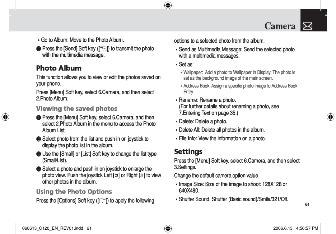 Pantech C120 manual Photo Album, Viewing the saved photos, Using the Photo Options, Camera, Settings 
