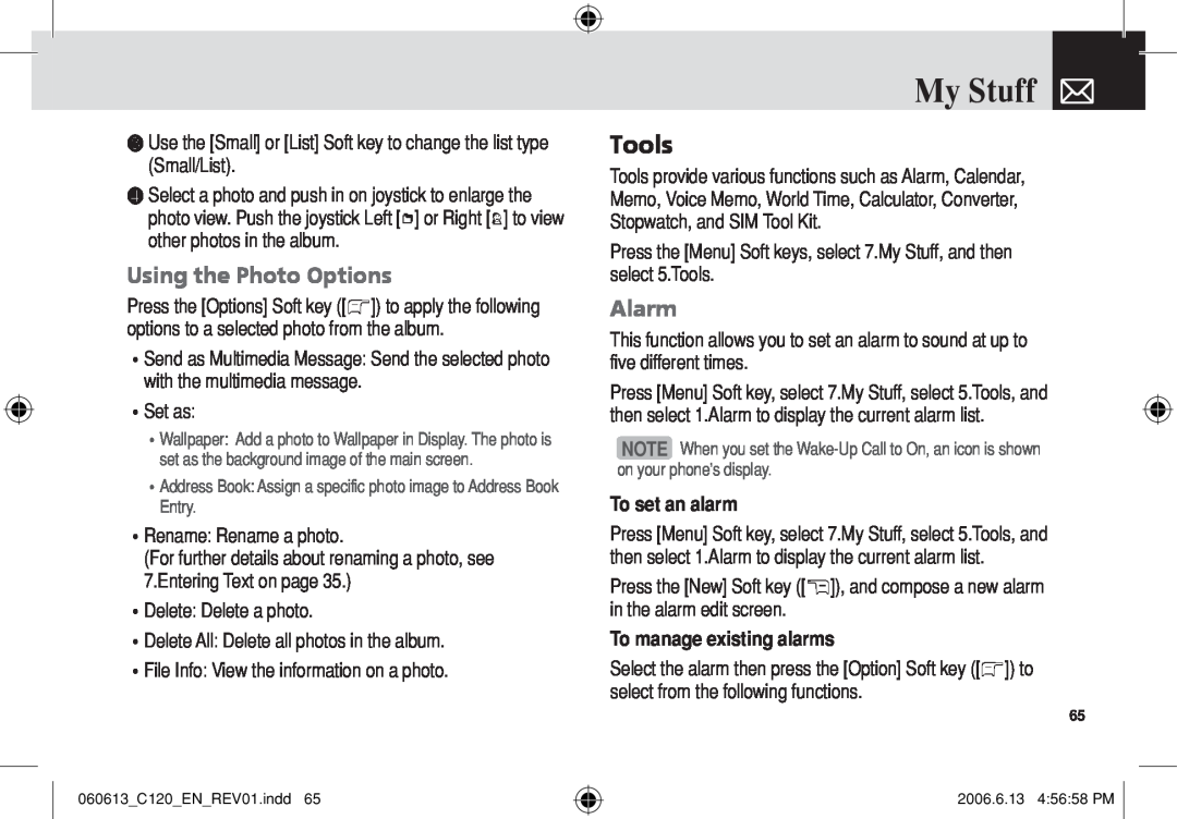 Pantech C120 manual Tools, Alarm, To set an alarm, To manage existing alarms, My Stuff, Using the Photo Options 
