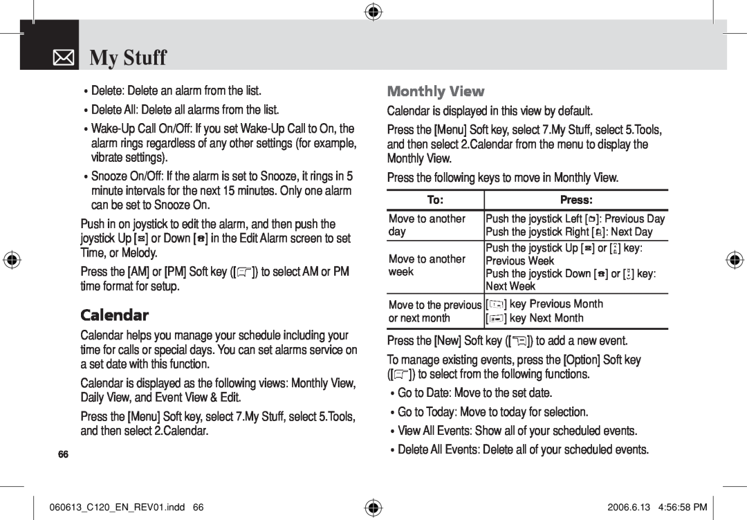 Pantech C120 manual Calendar, Monthly View, My Stuff 