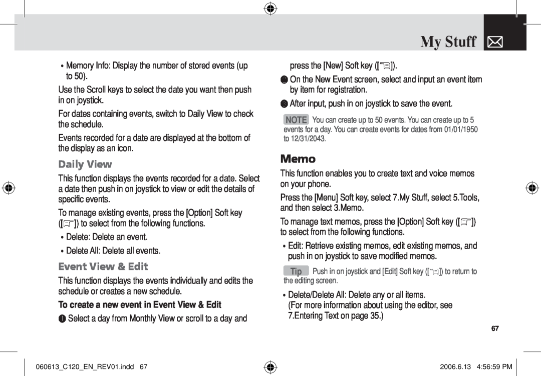 Pantech C120 manual Memo, Daily View, To create a new event in Event View & Edit, My Stuff 