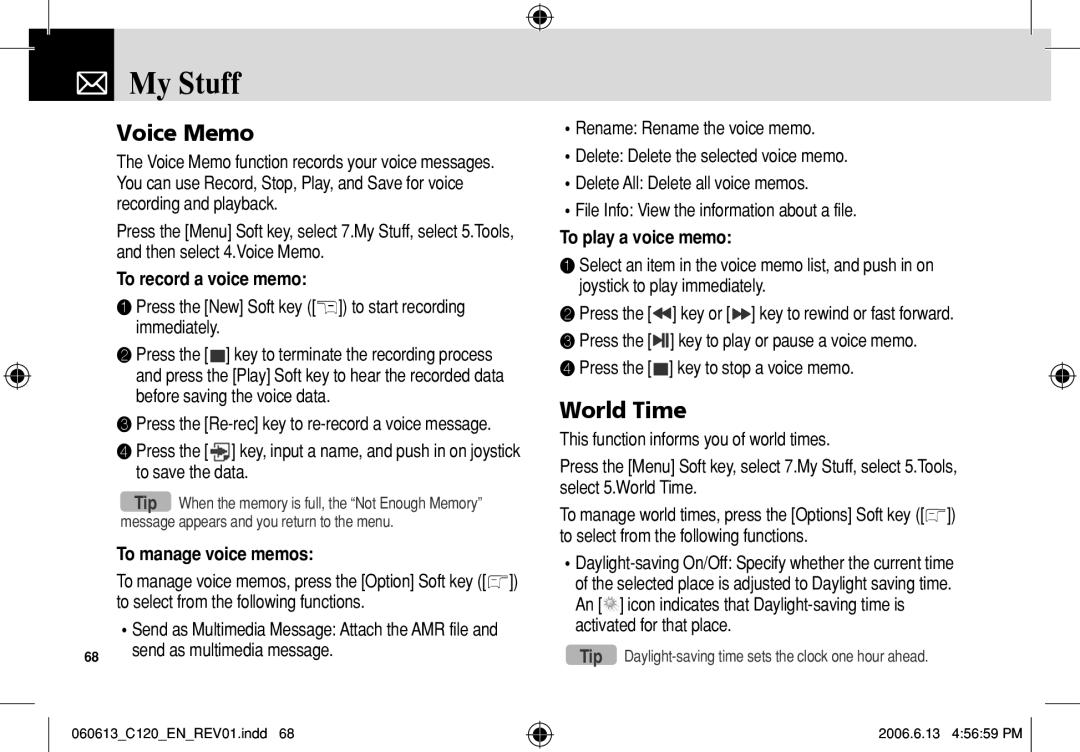 Pantech C120 manual Voice Memo, World Time, To record a voice memo, To manage voice memos, To play a voice memo, My Stuff 