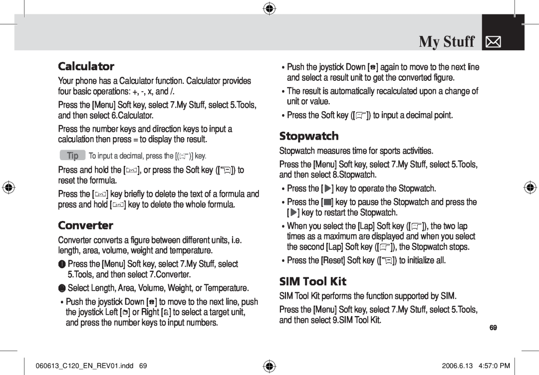 Pantech C120 manual Calculator, Converter, Stopwatch, SIM Tool Kit, My Stuff 