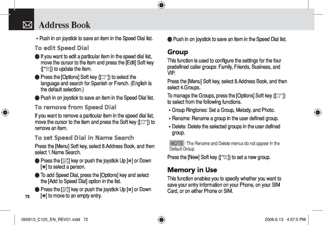 Pantech C120 manual Group, Memory in Use, To edit Speed Dial, To remove from Speed Dial, To set Speed Dial in Name Search 