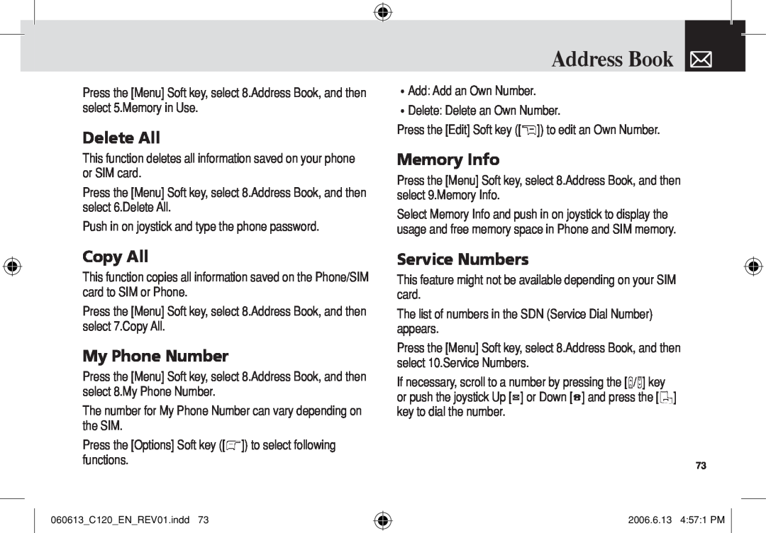 Pantech C120 manual Delete All, Copy All, My Phone Number, Service Numbers, Address Book, Memory Info 