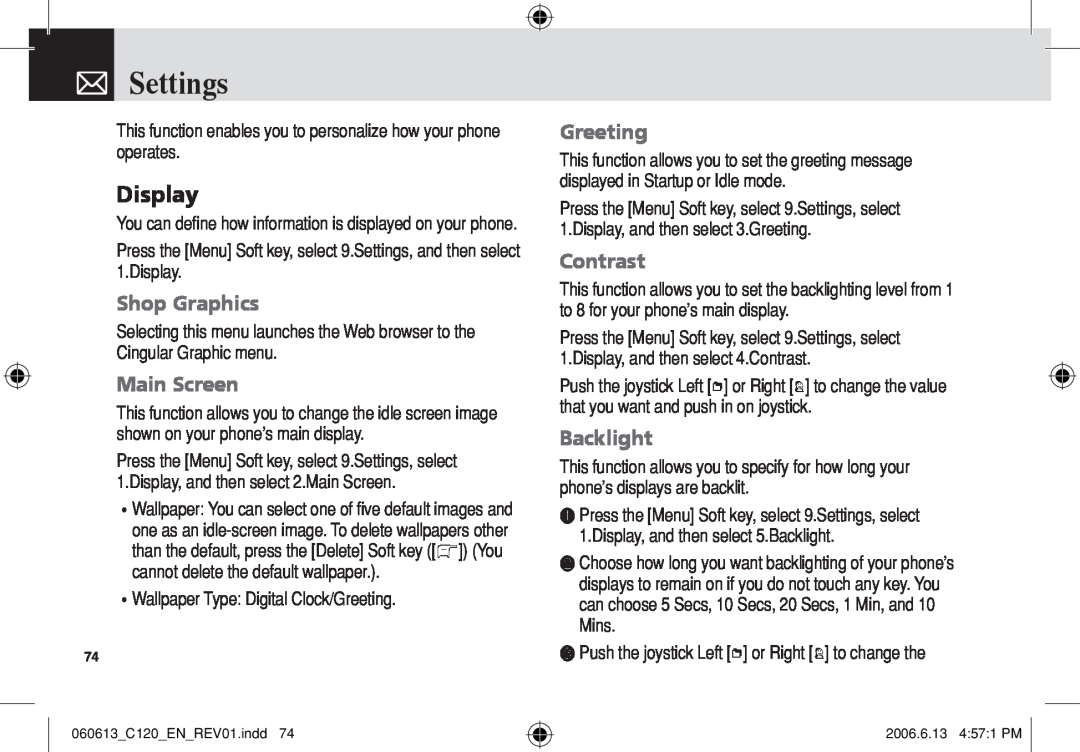 Pantech C120 manual Settings, Main Screen, Greeting, Contrast, Backlight, Display, Shop Graphics 