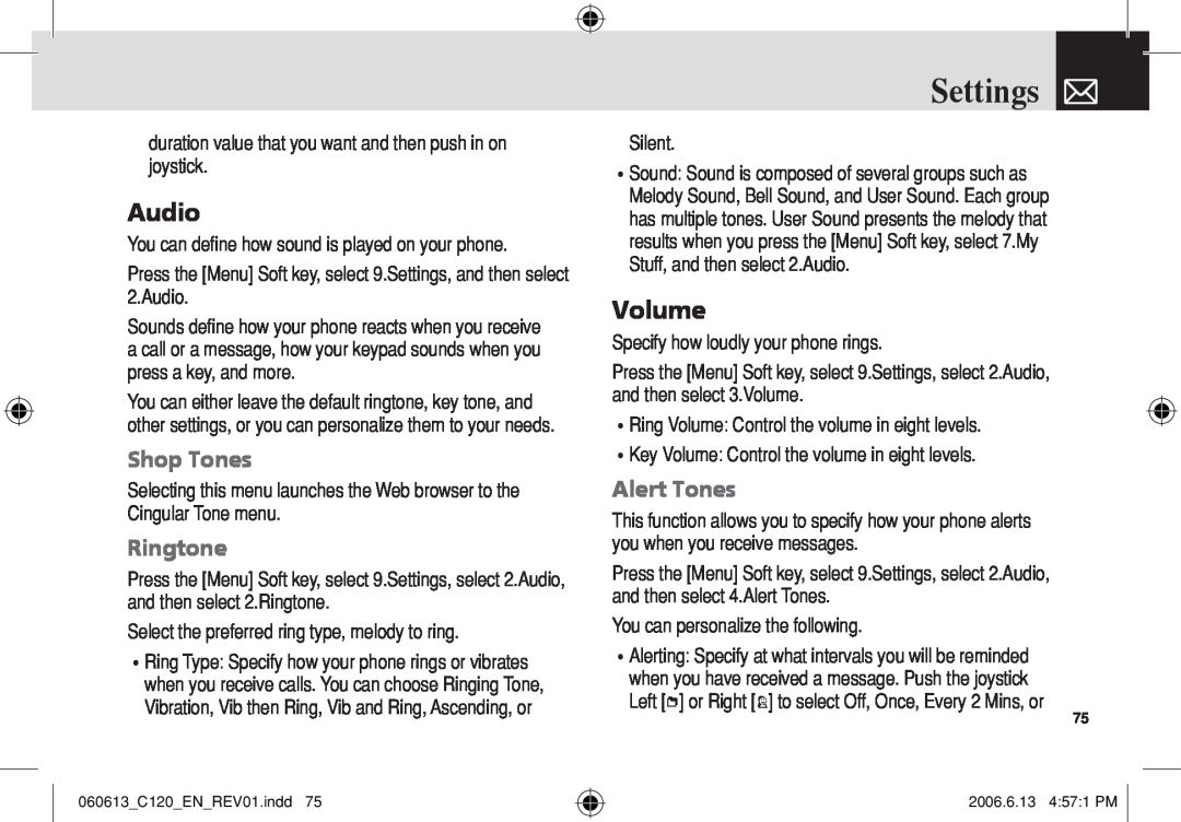 Pantech C120 manual Volume, Ringtone, Alert Tones, Settings, Audio, Shop Tones 