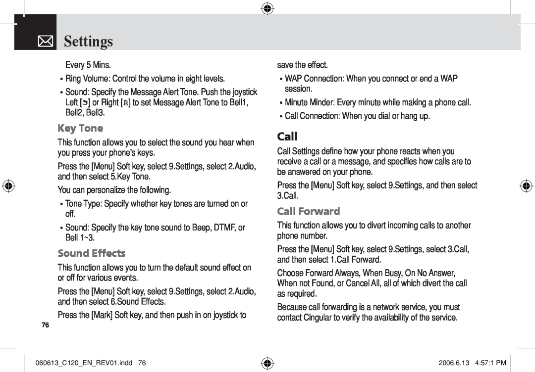 Pantech C120 manual Key Tone, Sound Effects, Call Forward, Settings 