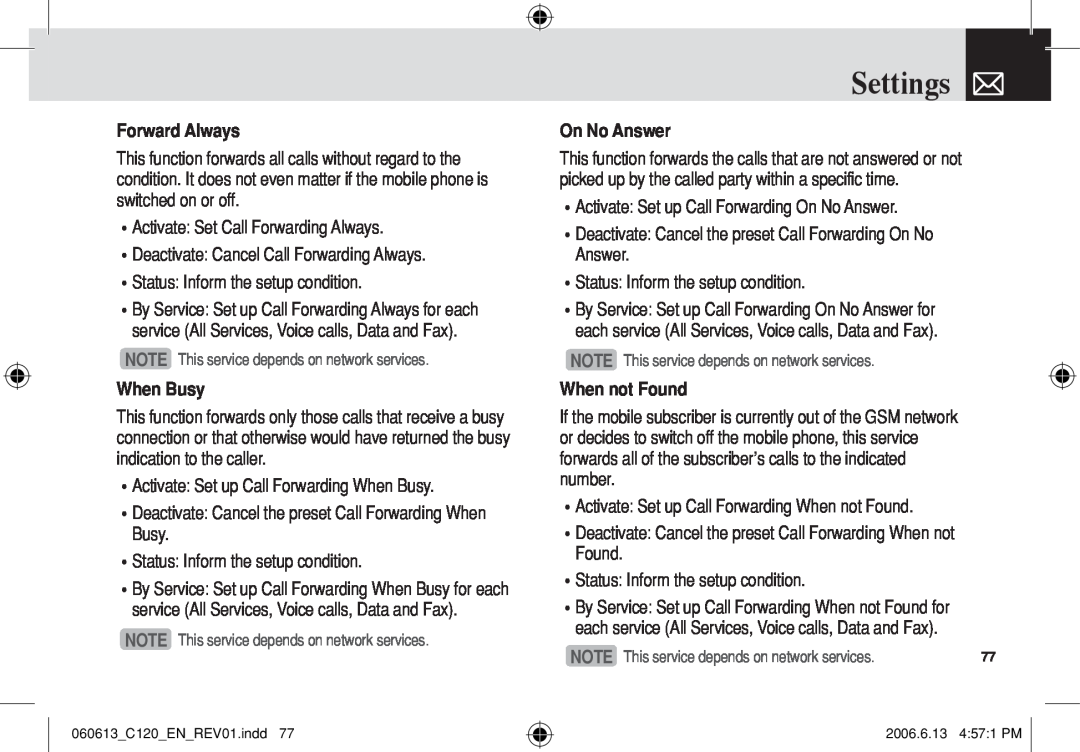 Pantech C120 manual Forward Always, When Busy, On No Answer, When not Found, Settings 