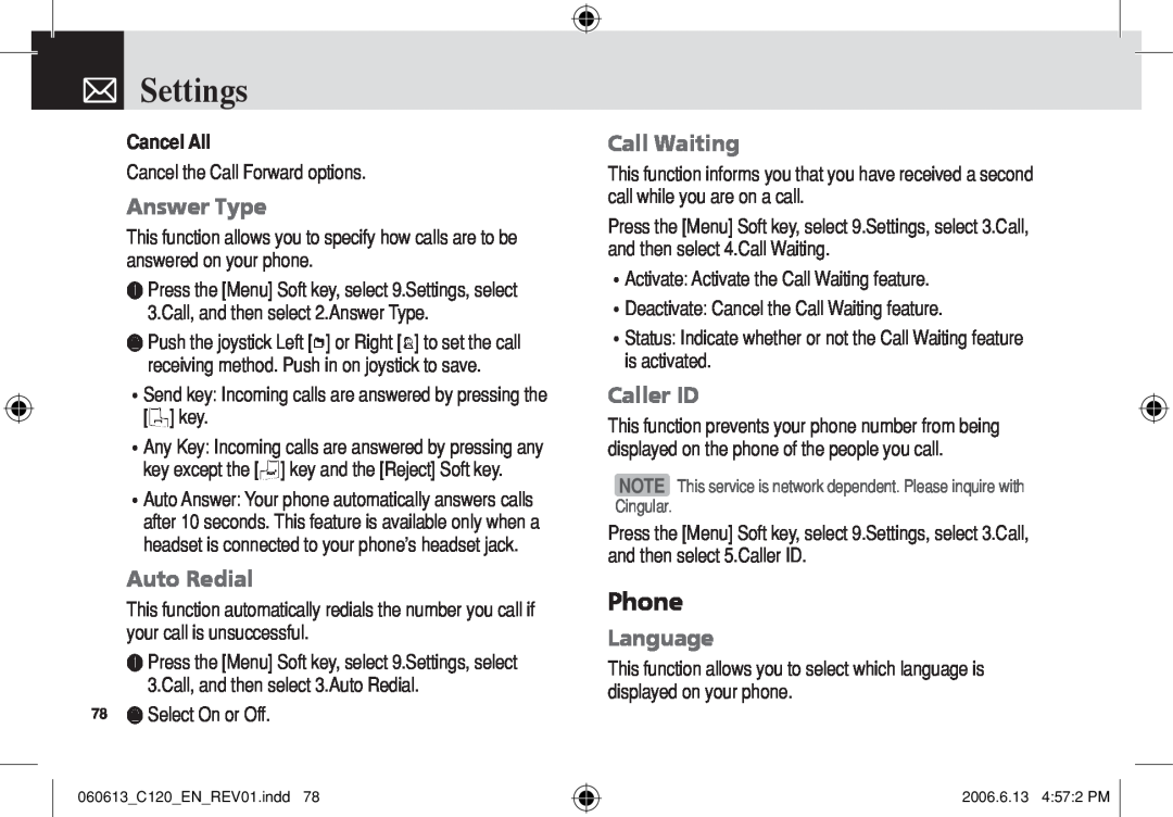 Pantech C120 manual Phone, Answer Type, Auto Redial, Call Waiting, Caller ID, Language, Cancel All, Settings 