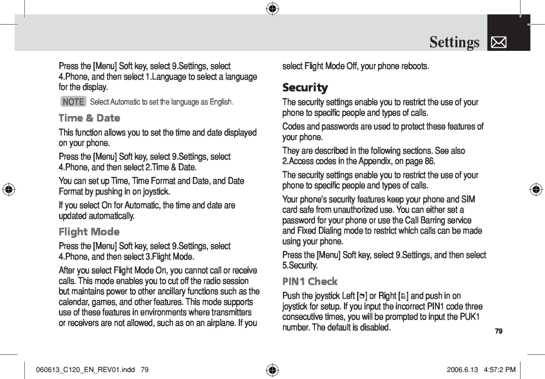 Pantech C120 manual Security, Time & Date, Flight Mode, PIN1 Check, Settings 