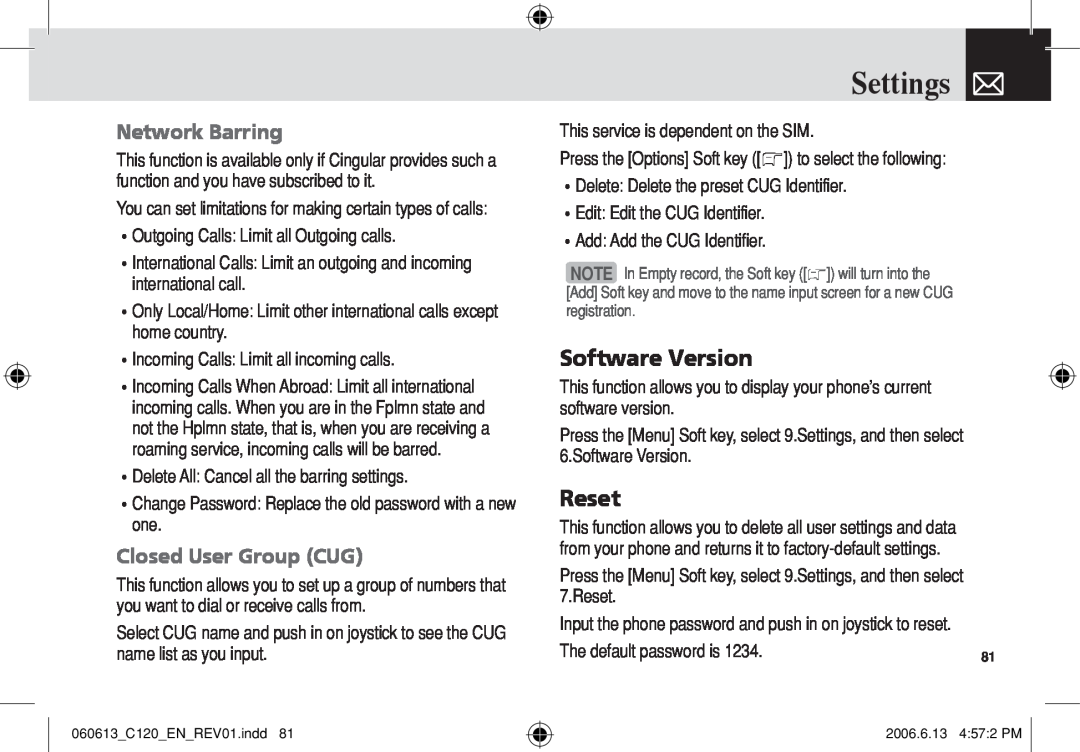 Pantech C120 manual Software Version, Reset, Network Barring, Closed User Group CUG, Settings 