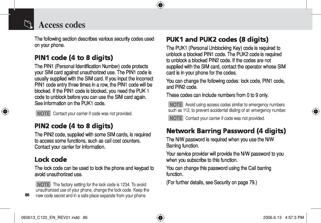 Pantech C120 manual Access codes, PIN1 code 4 to 8 digits, PIN2 code 4 to 8 digits, Lock code, PUK1 and PUK2 codes 8 digits 