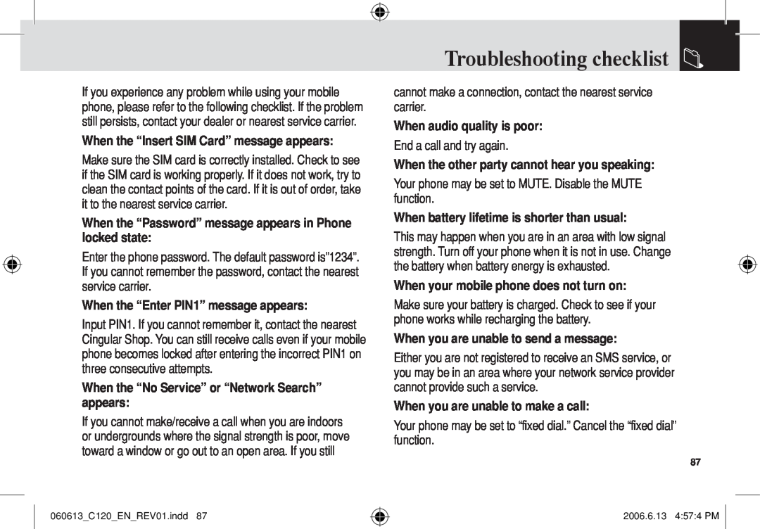Pantech C120 manual Troubleshooting checklist, When the “Password” message appears in Phone locked state 