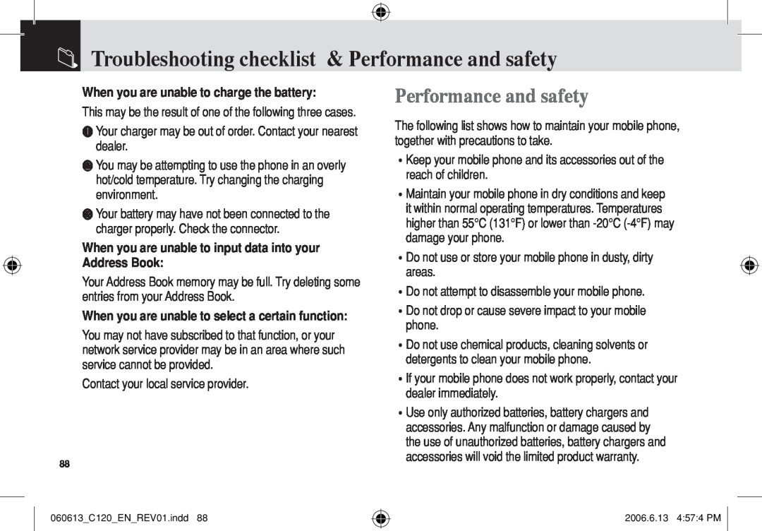 Pantech C120 manual Troubleshooting checklist & Performance and safety, When you are unable to charge the battery 
