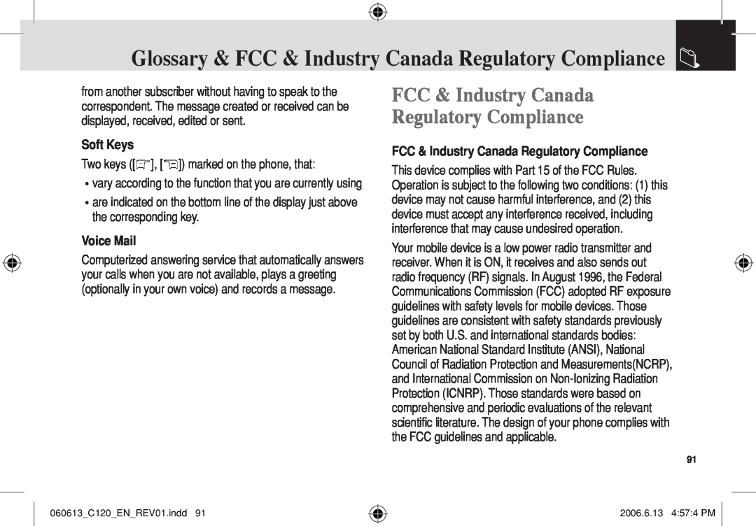 Pantech C120 manual Glossary & FCC & Industry Canada Regulatory Compliance, Soft Keys, Voice Mail 