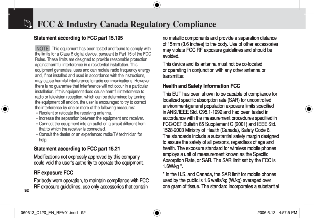 Pantech C120 manual FCC & Industry Canada Regulatory Compliance, Statement according to FCC part, RF exposure FCC 
