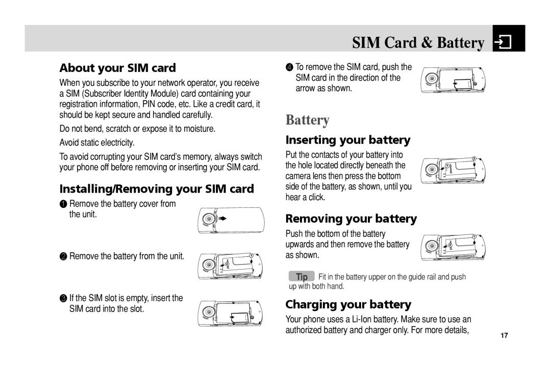 Pantech C150 manual SIM Card & Battery 