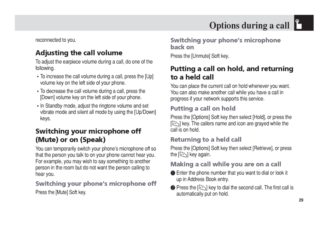 Pantech C150 manual Options during a call, Adjusting the call volume, Switching your microphone off Mute or on Speak 