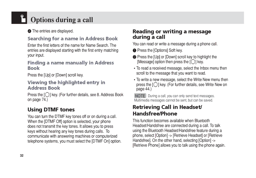 Pantech C150 Using Dtmf tones, Reading or writing a message during a call, Retrieving Call in Headset Handsfree/Phone 