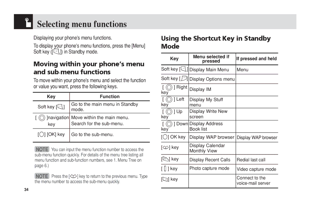 Pantech C150 manual Selecting menu functions, Moving within your phone’s menu and sub-menu functions 