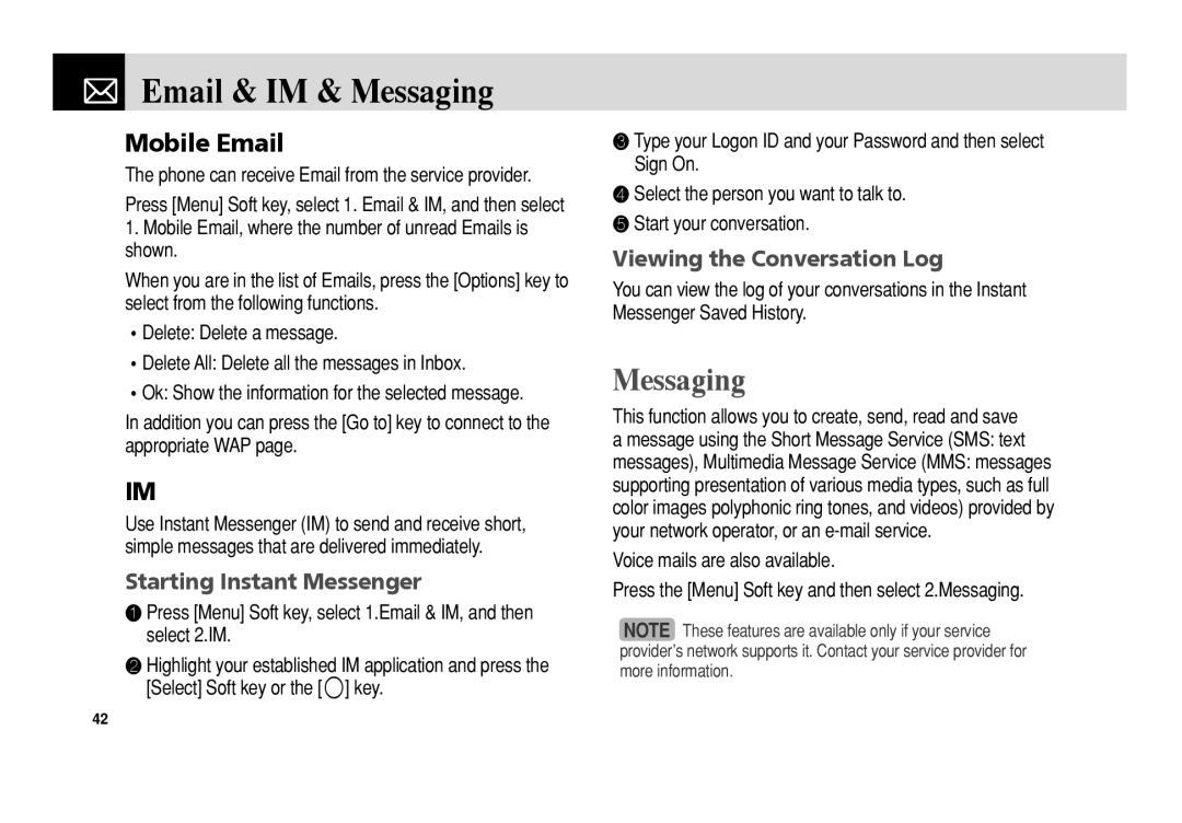 Pantech C150 manual Email & IM & Messaging, Mobile Email, Starting Instant Messenger, Viewing the Conversation Log 