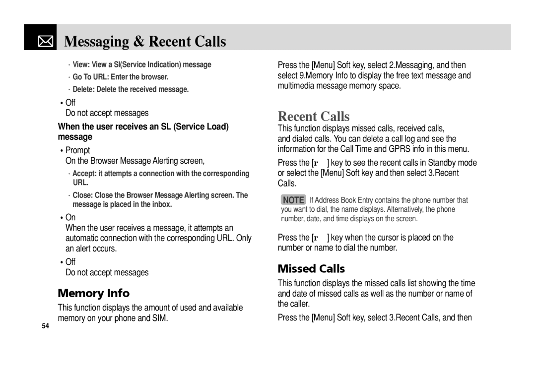 Pantech C150 manual Messaging & Recent Calls, Memory Info, Missed Calls, When the user receives an SL Service Load message 