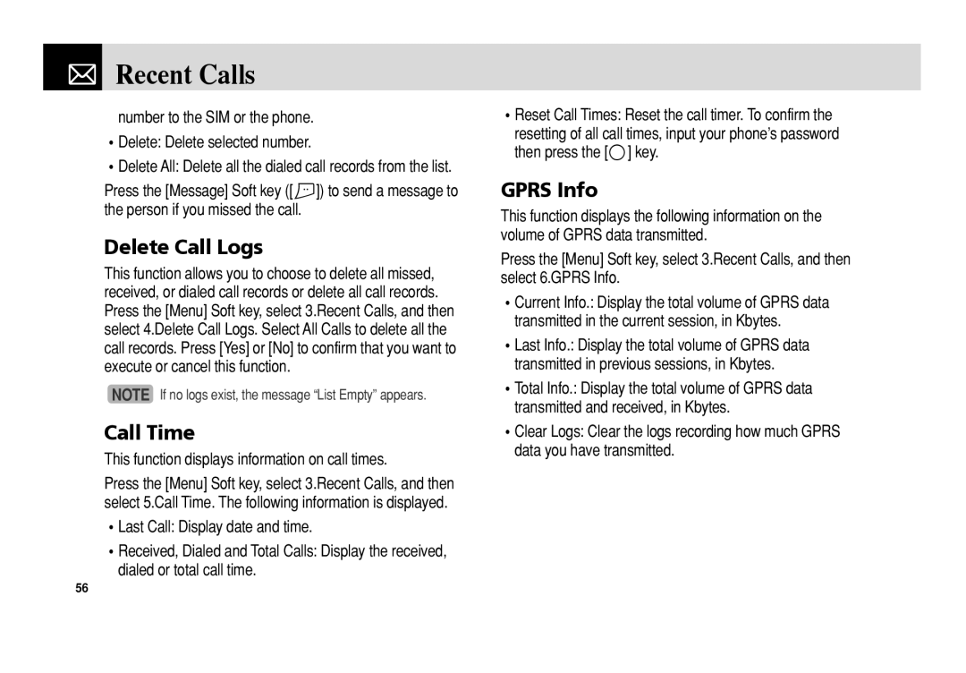 Pantech C150 manual Delete Call Logs, Call Time, Gprs Info, This function displays information on call times 