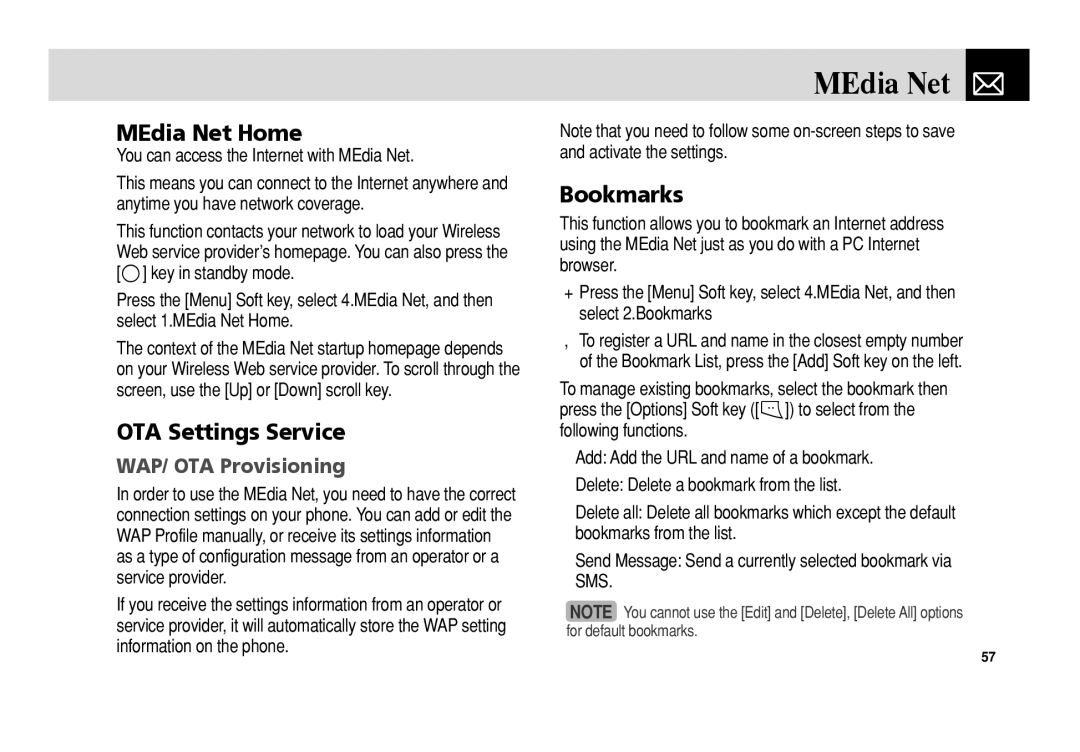 Pantech C150 manual MEdia Net Home, OTA Settings Service, Bookmarks, WAP/ OTA Provisioning 